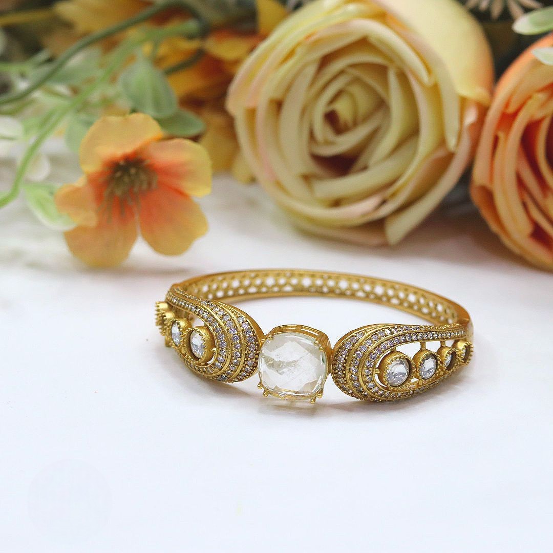 Royal Gold-Plated Openable Kada with Purple Stone and CZ Accents