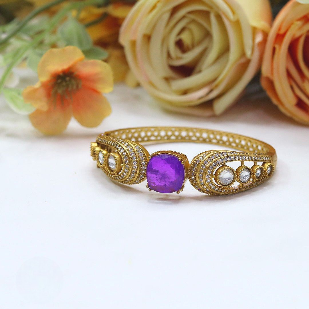Royal Gold-Plated Openable Kada with Purple Stone and CZ Accents