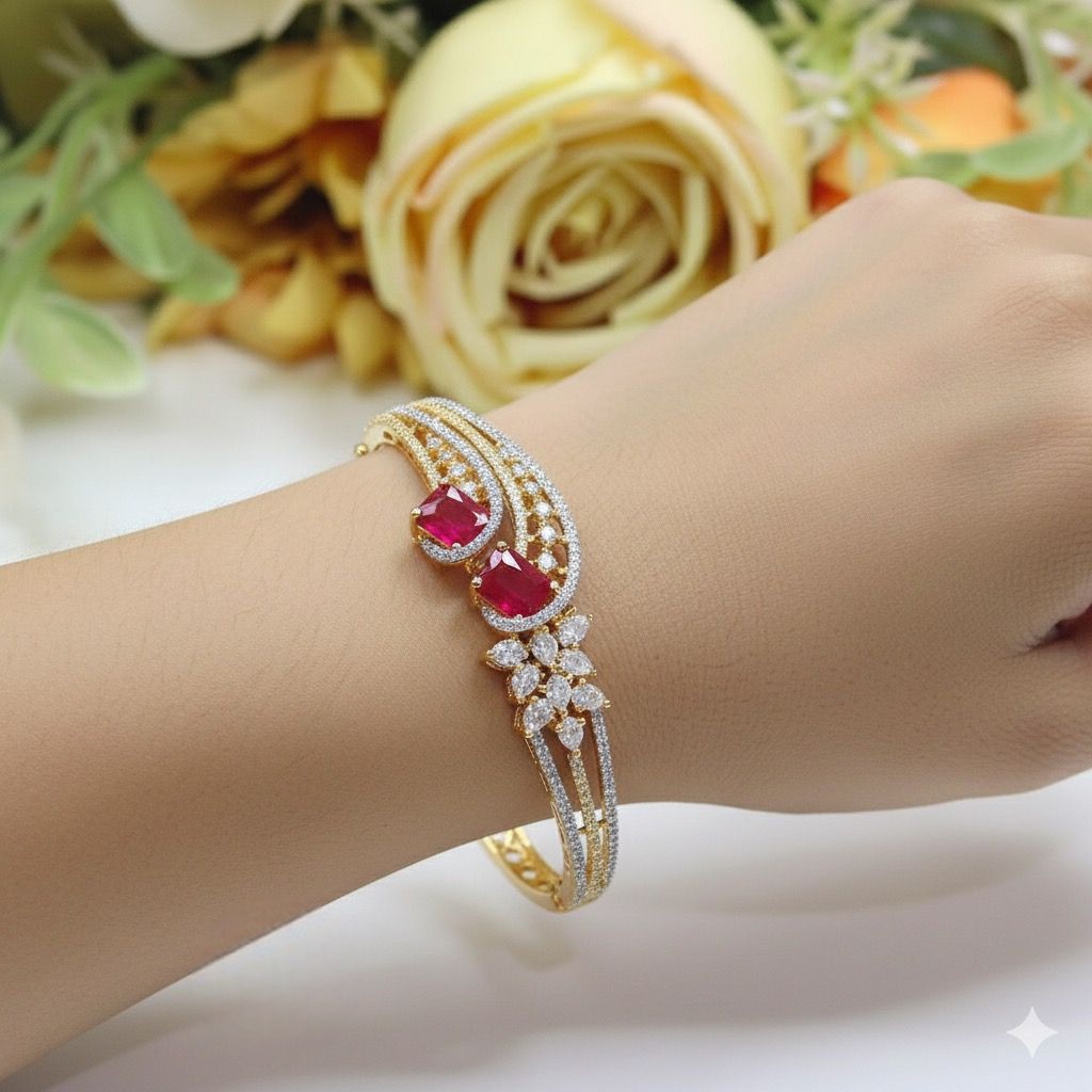 Luxurious Gold-Plated Ruby & Diamond Simulant Openable Cuff Bracelet