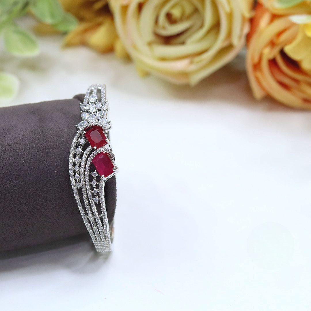 Luxurious Silver-Plated Ruby & Diamond Simulant Openable Cuff Bracelet