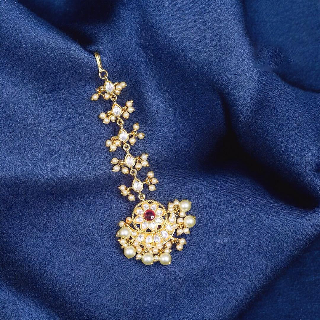 Flower Inspired Red Golden Maangtikka For Women