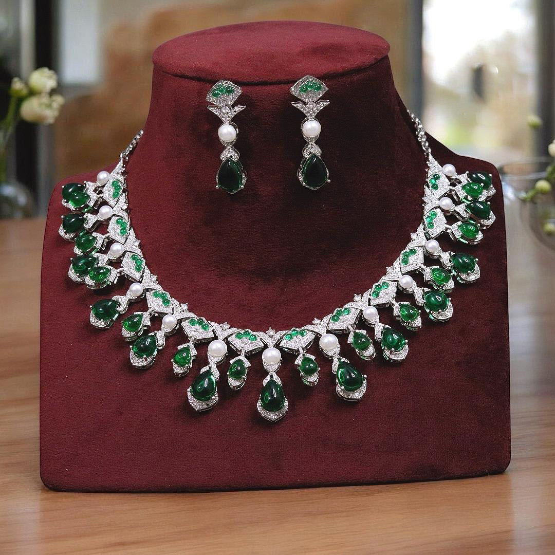 Exquisite Silver Plated Teardrop Indian Wedding Necklace Earrings Set For Women