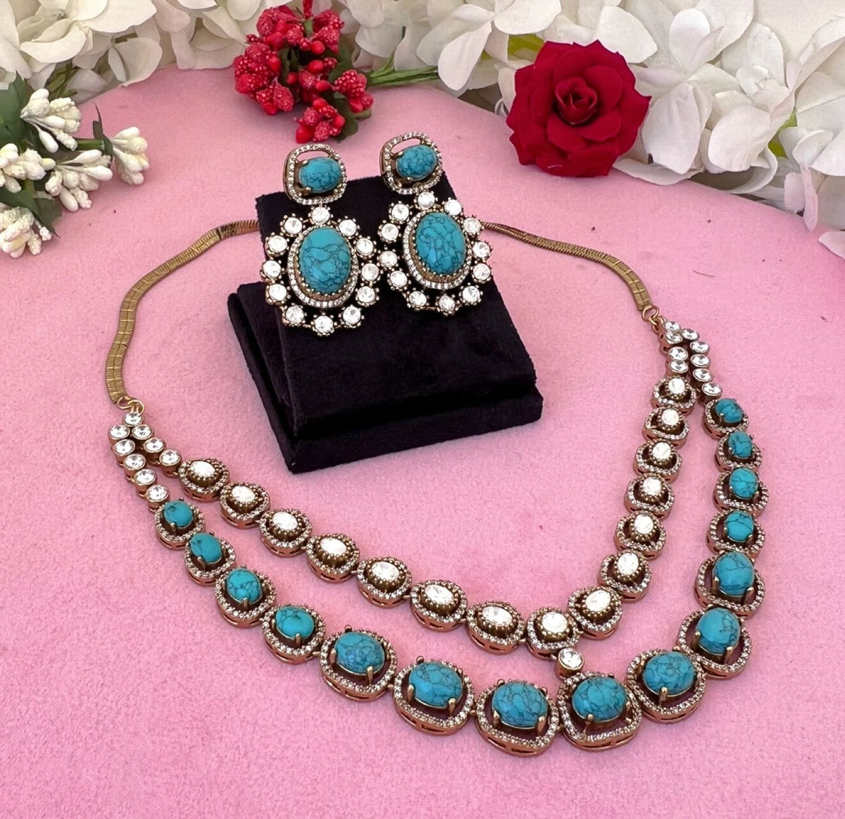 Pakistani Royal Layered Polki Work Necklace Earrings For Wedding