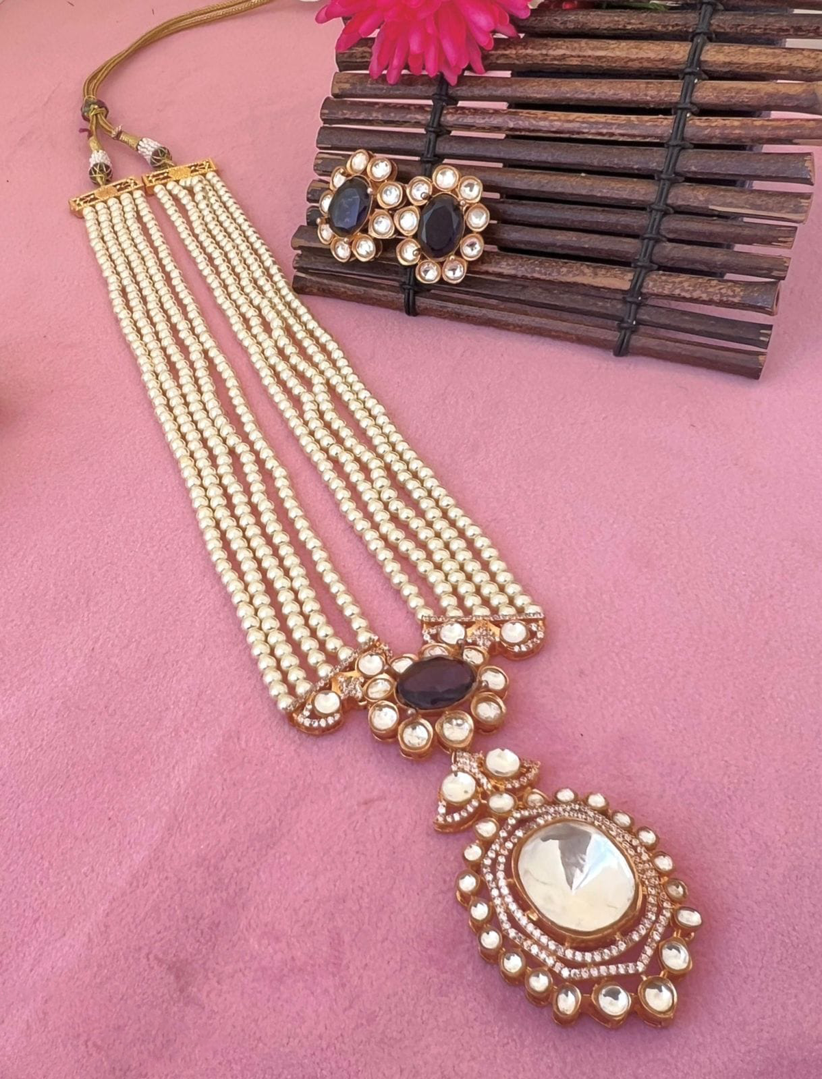 Jaipuri Multi Layer Polki Stone Work Ethnic Necklace Earrings Set