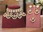 Teardrop Flower Design Kundan Choker Earrings Maangtikka Set For Wedding