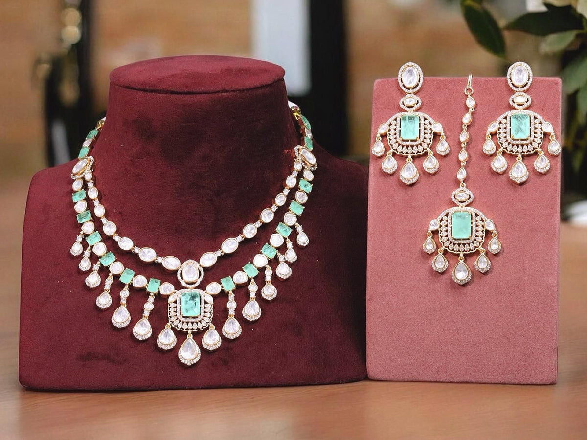 Double Layered Jaipuri Kundan Necklace Earrings Maangtikka Set For Wedding