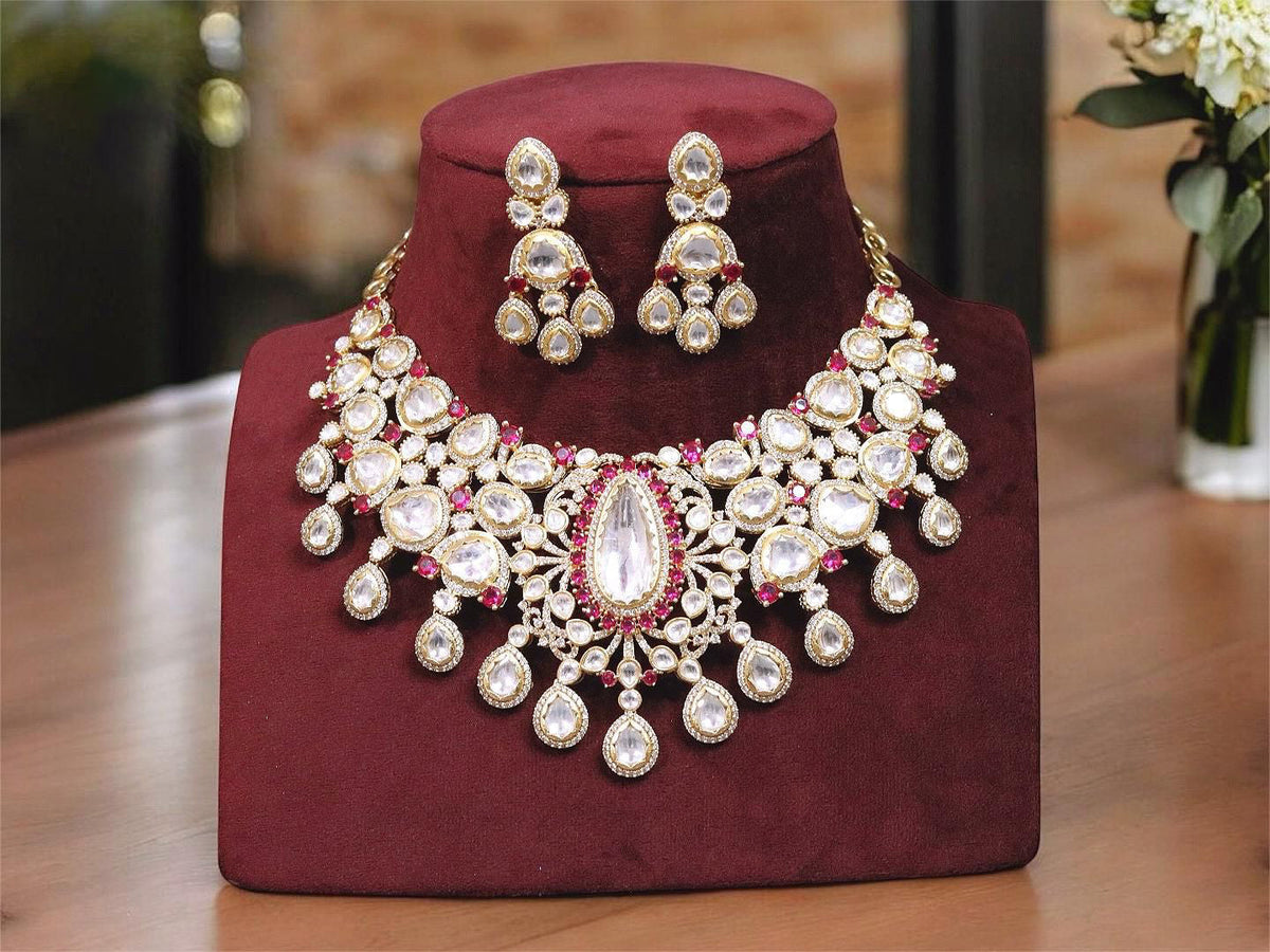 Rajsthani Gold Plated Polki Kundan Choker Earrings Set Women