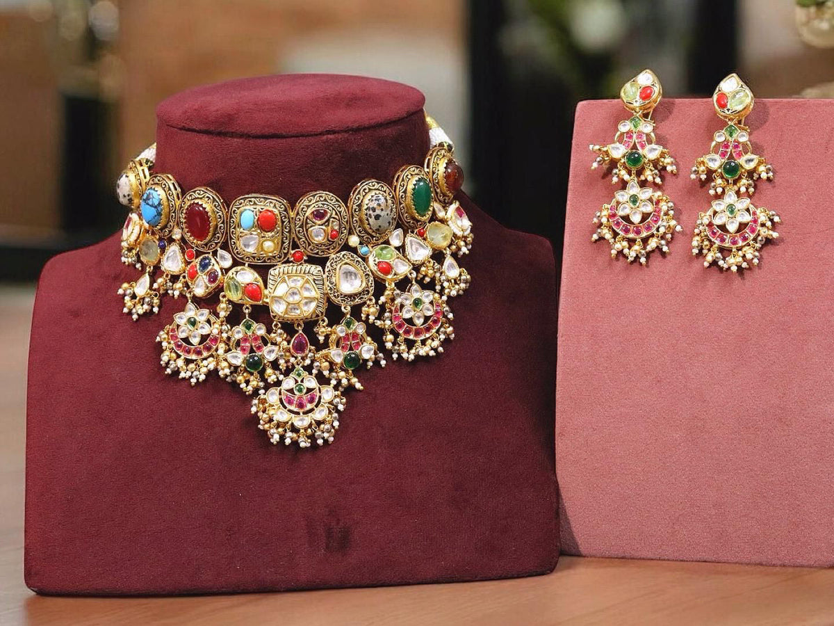 Indian Meenakari Traditional Polki Kundan Choker Earrings Set Women
