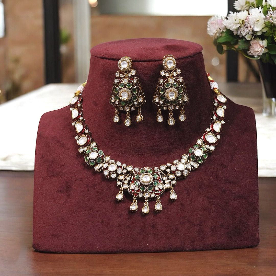 Indian Royal Traditional Polki Necklace Earrings Set Women
