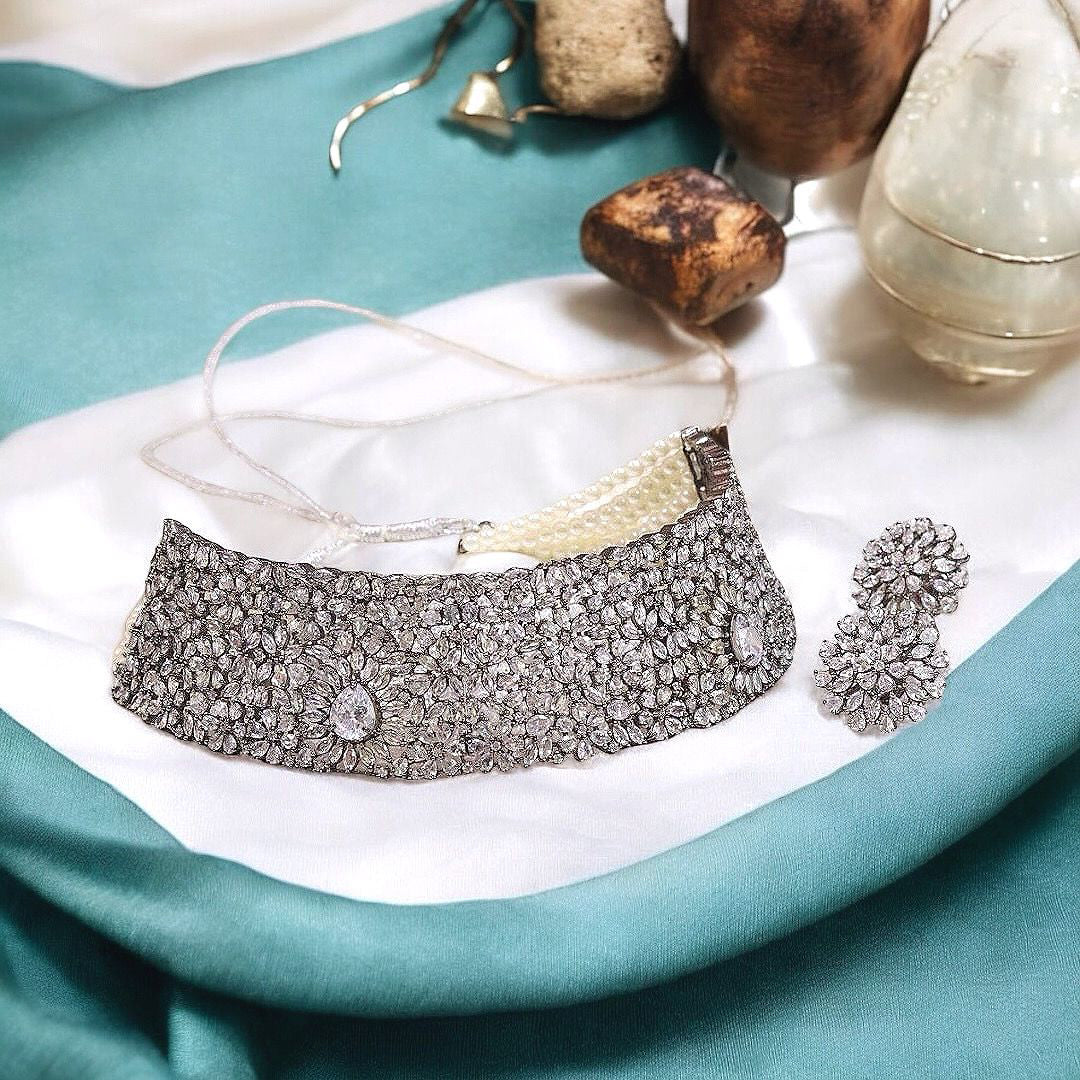 Alia Bhatt Inspired Silver Choker Floral Earrings Set