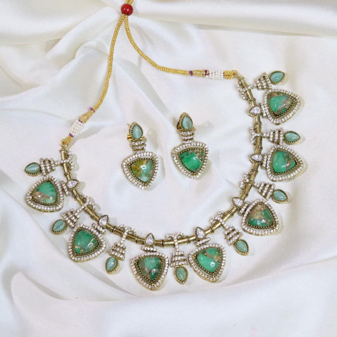 Pakistani Gold Tone American Diamond Choker Earrings Set For Wedding