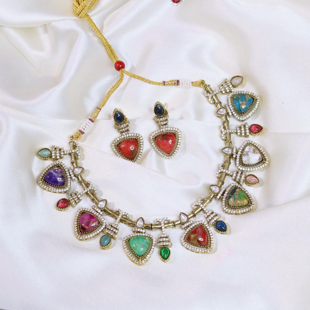 Pakistani Gold Tone American Diamond Choker Earrings Set For Wedding