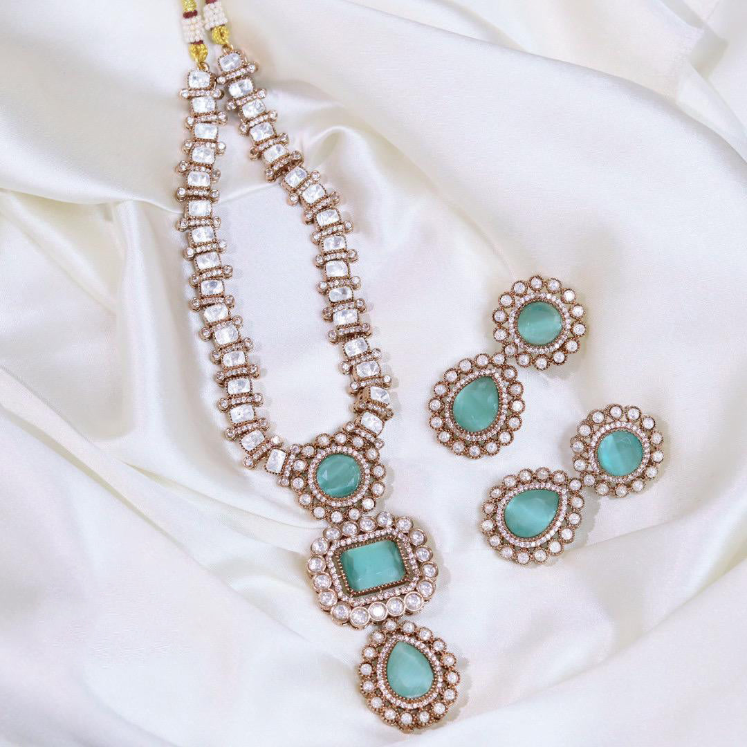 Punjabi CZ Silver Tone Necklace Matching Earrings Set For Wedding