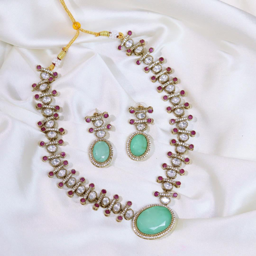 Rajsthani Pale Green Traditional AD Necklace Earrings Set For Women