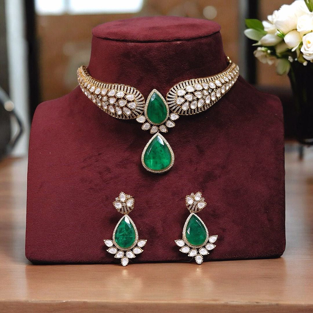 Jaipuri Teardrop Moissanite Kundan Necklace Earrings Set For Wedding