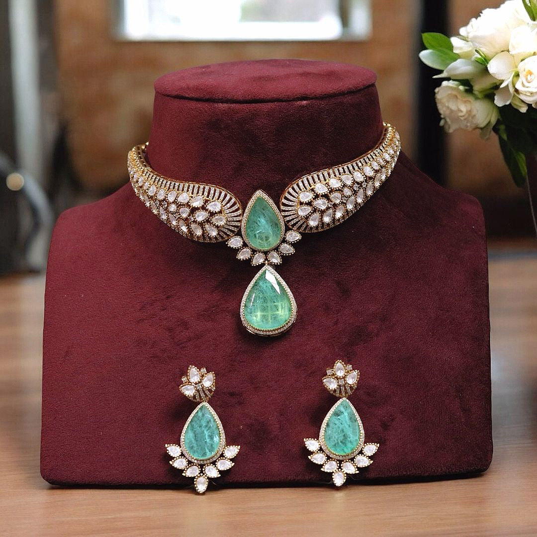 Jaipuri Teardrop Moissanite Kundan Necklace Earrings Set For Wedding