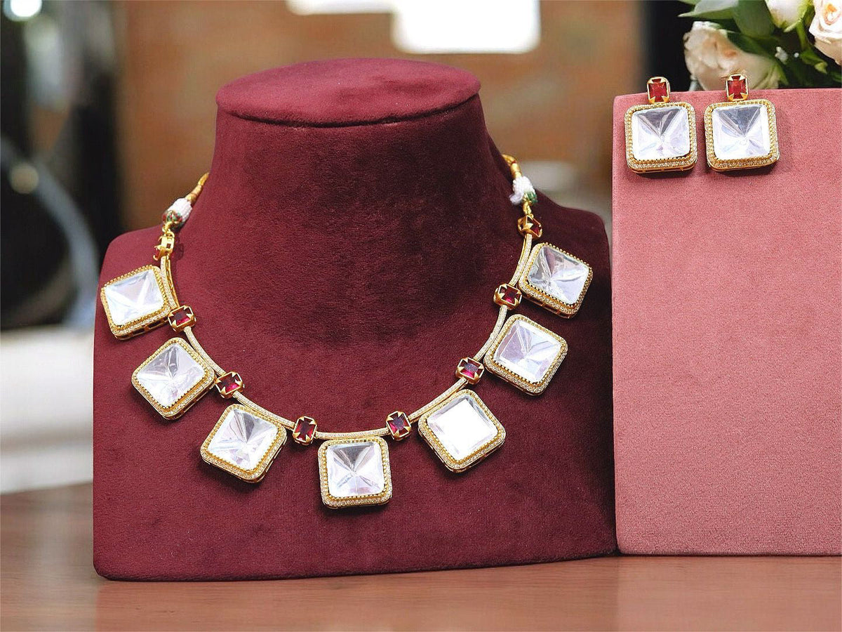 Square Polki Gold Plated Choker Earrings Set For Wedding
