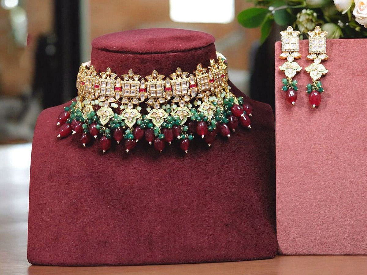 Red Ethnic Indian Polki Choker Earrings Set For Wedding
