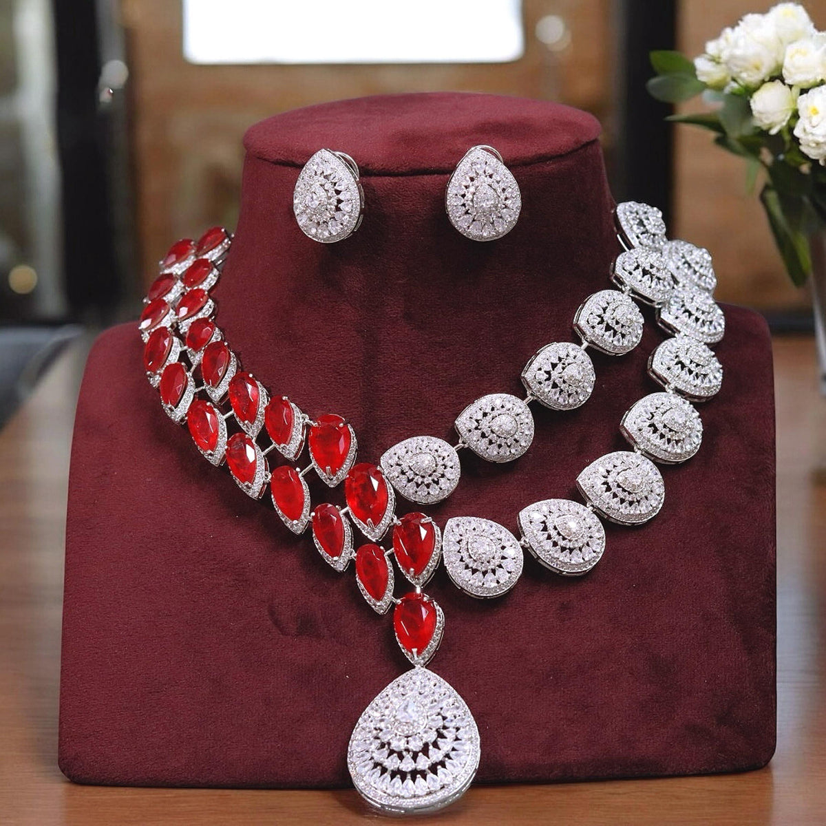 Silver Tone Teardrop Polki Necklace Earrings Indian Jewelry Set