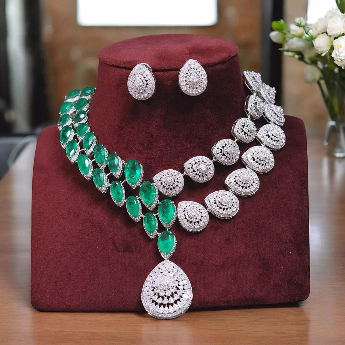 Silver Tone Teardrop Polki Necklace Earrings Indian Jewelry Set