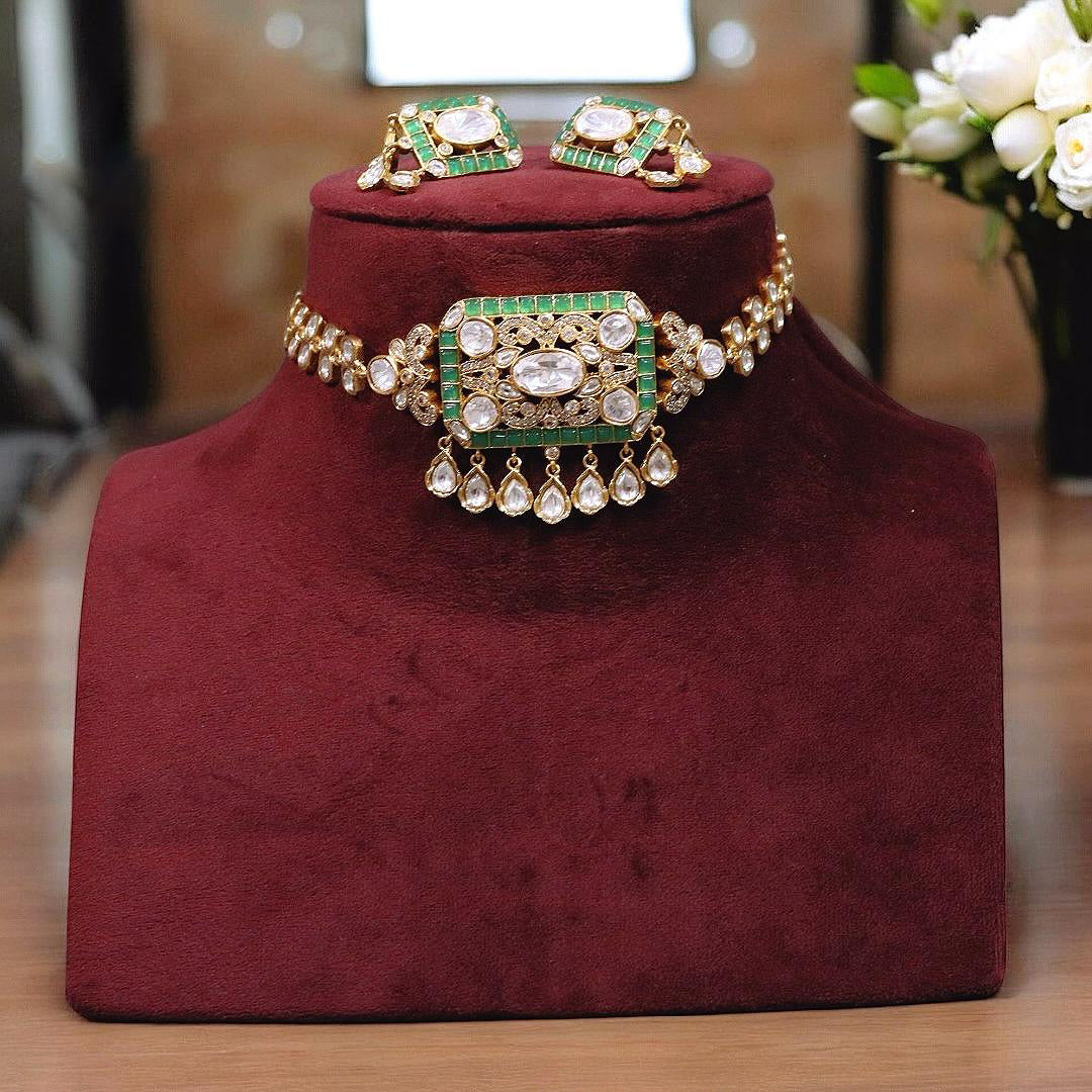 Green Traditional Polki Kundan Choker Earrings Set | Kundan Jewelry | Indian Jewelry | Pakistani Necklace Set | Traditional Jewelry | Polki Necklace