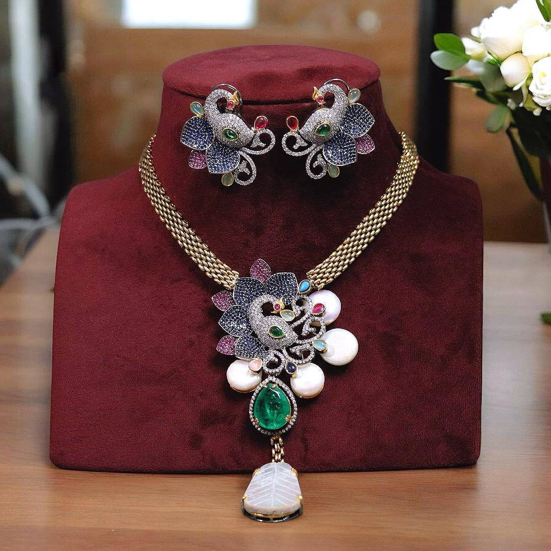 Regal Peacock-Inspired Kundan Polki Necklace & Earrings Set – A Masterpiece of Elegance & Luxury