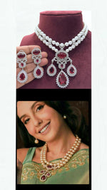 Nora Fatehi Inspired Red Silver Tone Polki Necklace Earring Set For Wedding