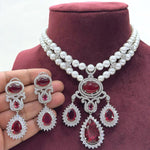 Nora Fatehi Inspired Red Silver Tone Polki Necklace Earring Set For Wedding