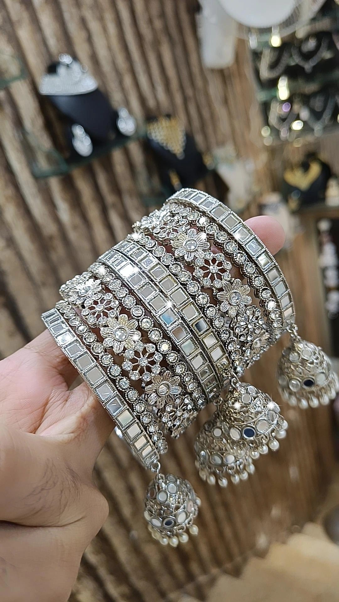 Pakistani Flower Design Mirror Work Bangle Chura With Jhumki Set