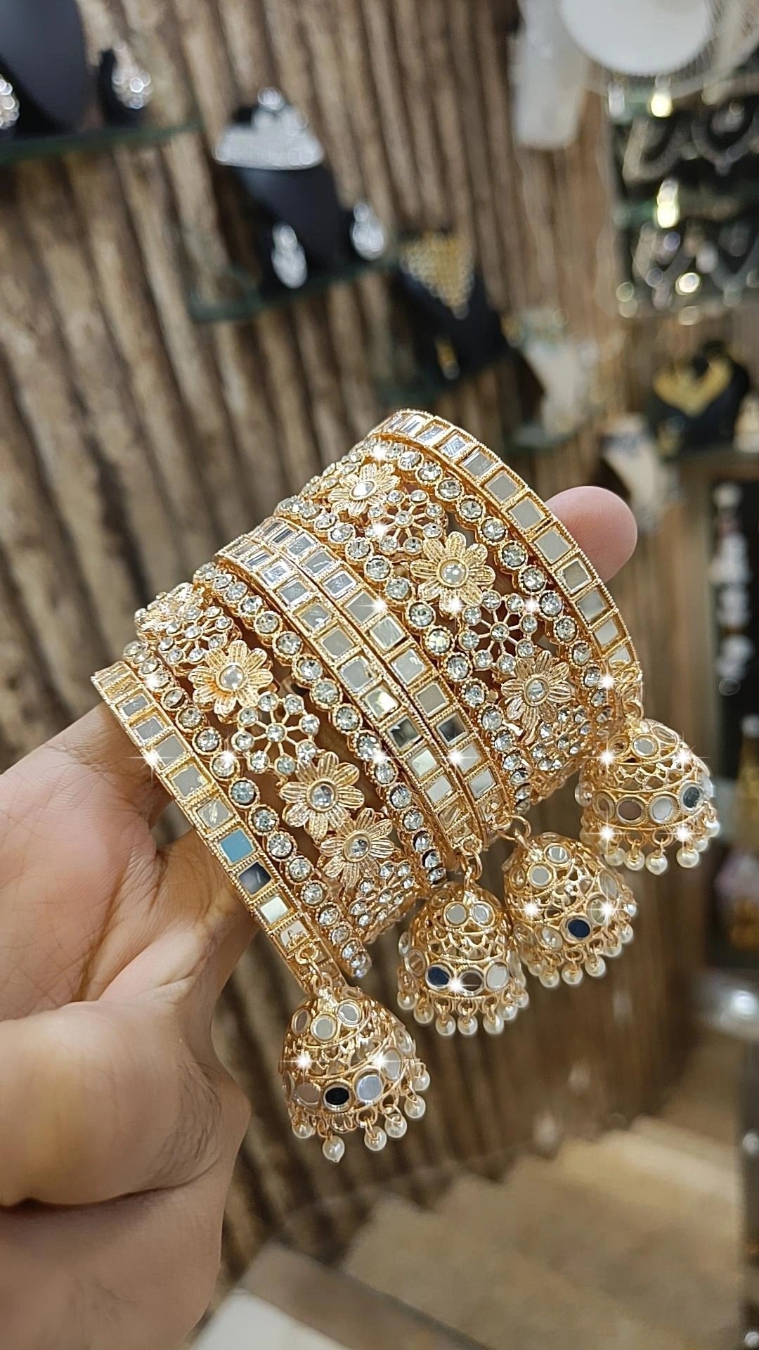 Pakistani Flower Design Mirror Work Bangle Chura With Jhumki Set