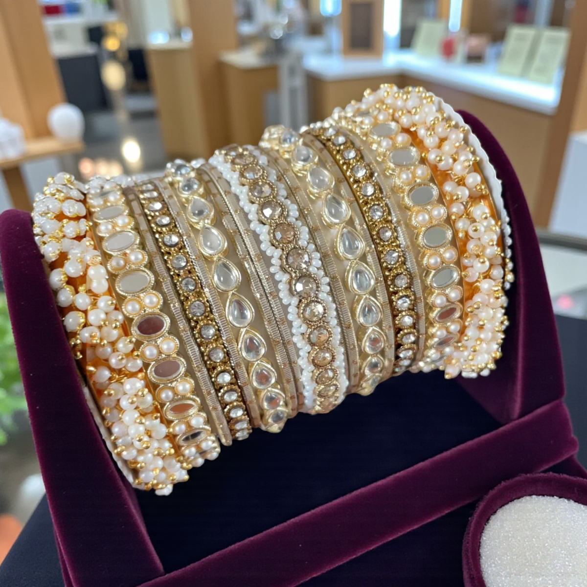 Bridal Stone Bangle Set with Gajra & Mirror Kada – Golden Wedding Jewelry