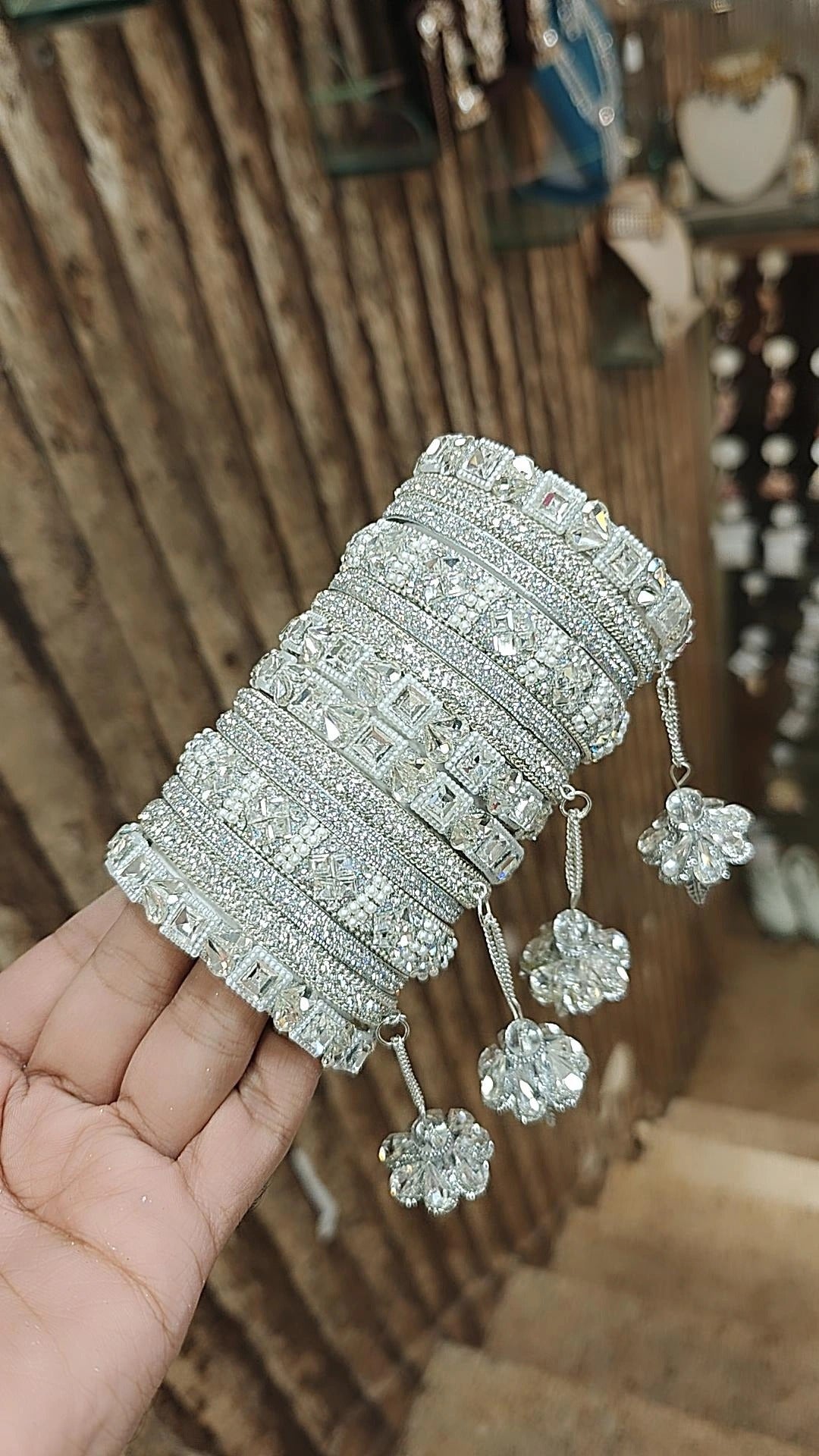 Silver Square Motif Stone Bangle With Jhaller Set| Indian Bangle Set | Indian Jewelry | Traditional Jewelry