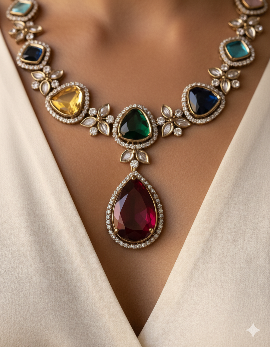 Multicolor Teardrop Gemstone & Gold-Toned Necklace Set - Libasaa.com