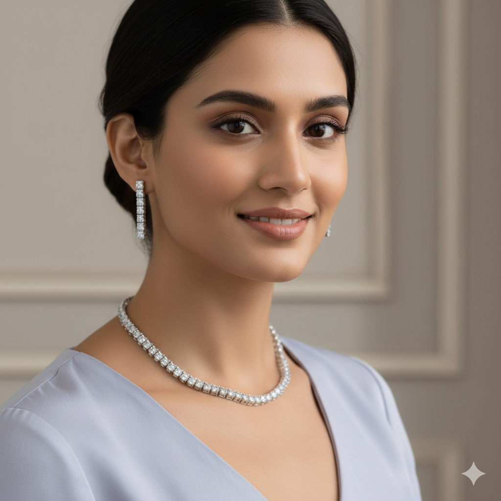 Exclusive CZ Necklace Set with Earrings | Delicate Designer Indian Necklace Set