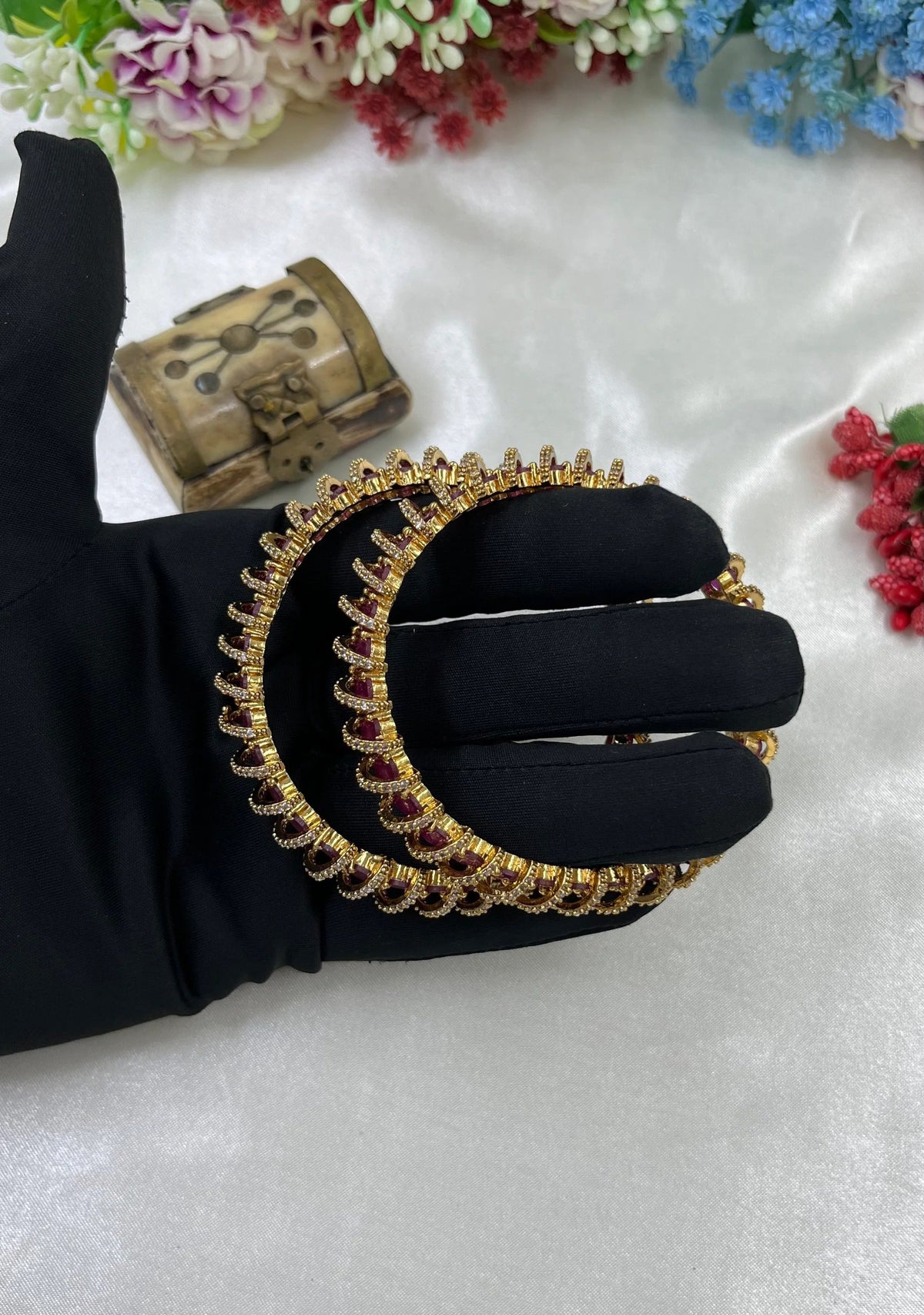 Gold-Tone Stone Kada Bangles with Diamond Accents | Indian Jewellery | Premium Indian Kada Set for Women