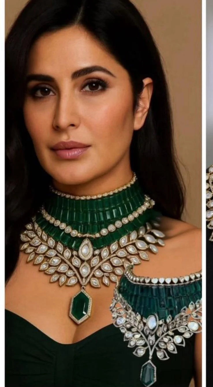 Katrina Kaif Inspired Choker Necklace Set with Kundan Polki & Pear Drop Detailing Bridal Statement Jewelry