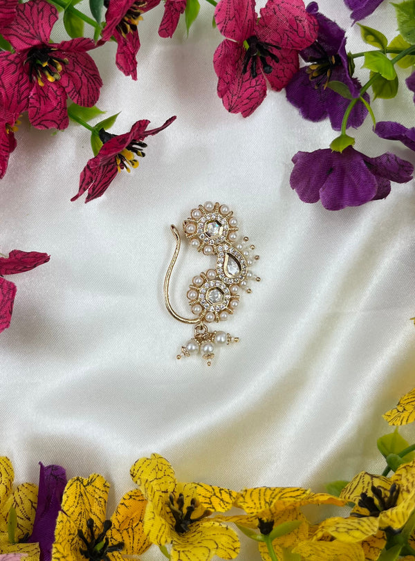 Moissanite Floral Nose Ring (Nath) with Red & Green Stones | Traditional Indian Bridal Nose Pin | Elegant Ethnic Jewelry