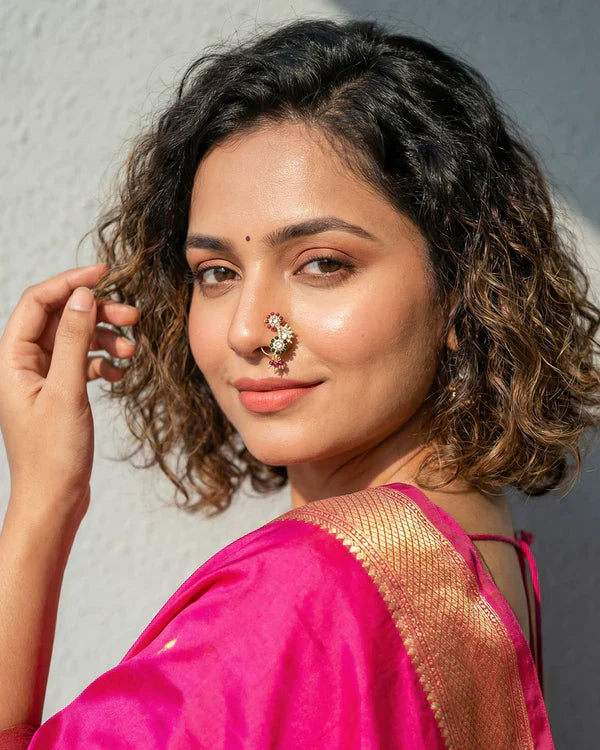 Moissanite Floral Nose Ring (Nath) with Red & Green Stones | Traditional Indian Bridal Nose Pin | Elegant Ethnic Jewelry