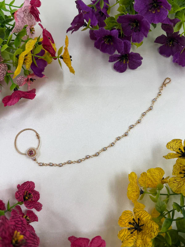 Moissanite Bridal Nose Ring with Chain (Nath) | Floral Polki Style Nose Pin with Pearl Chain | Traditional Indian Wedding & Festive Jewelry for Women