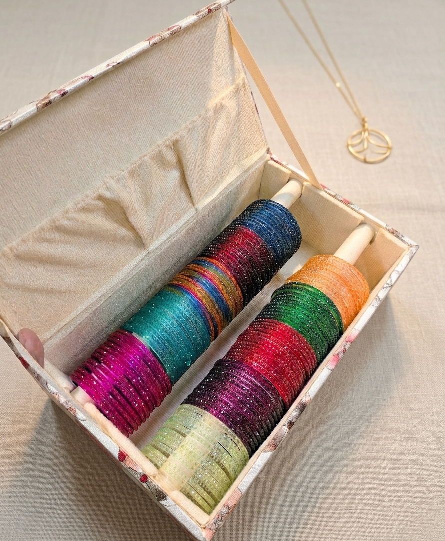 Glass Flower Bangles Combo Set (10 Dozen, 10 Colours Box) | Indian Bangles Set & Jewellery | Richnees Look