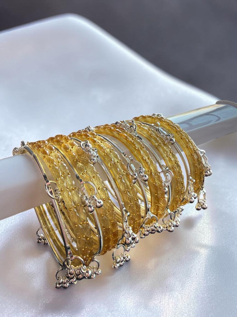 Raindrop Glass Bangles with Silver Kashmiri Ghunghroo | Bridal Traditional Indian Bangle Set for Women, Festive & Wedding Wear Jewelry