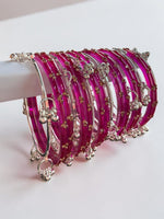 Glass Stone Bangles with Silver Kashmiri Ghunghroo | Bridal Traditional Indian Bangle Set for Women, Festive & Wedding Wear Jewelry