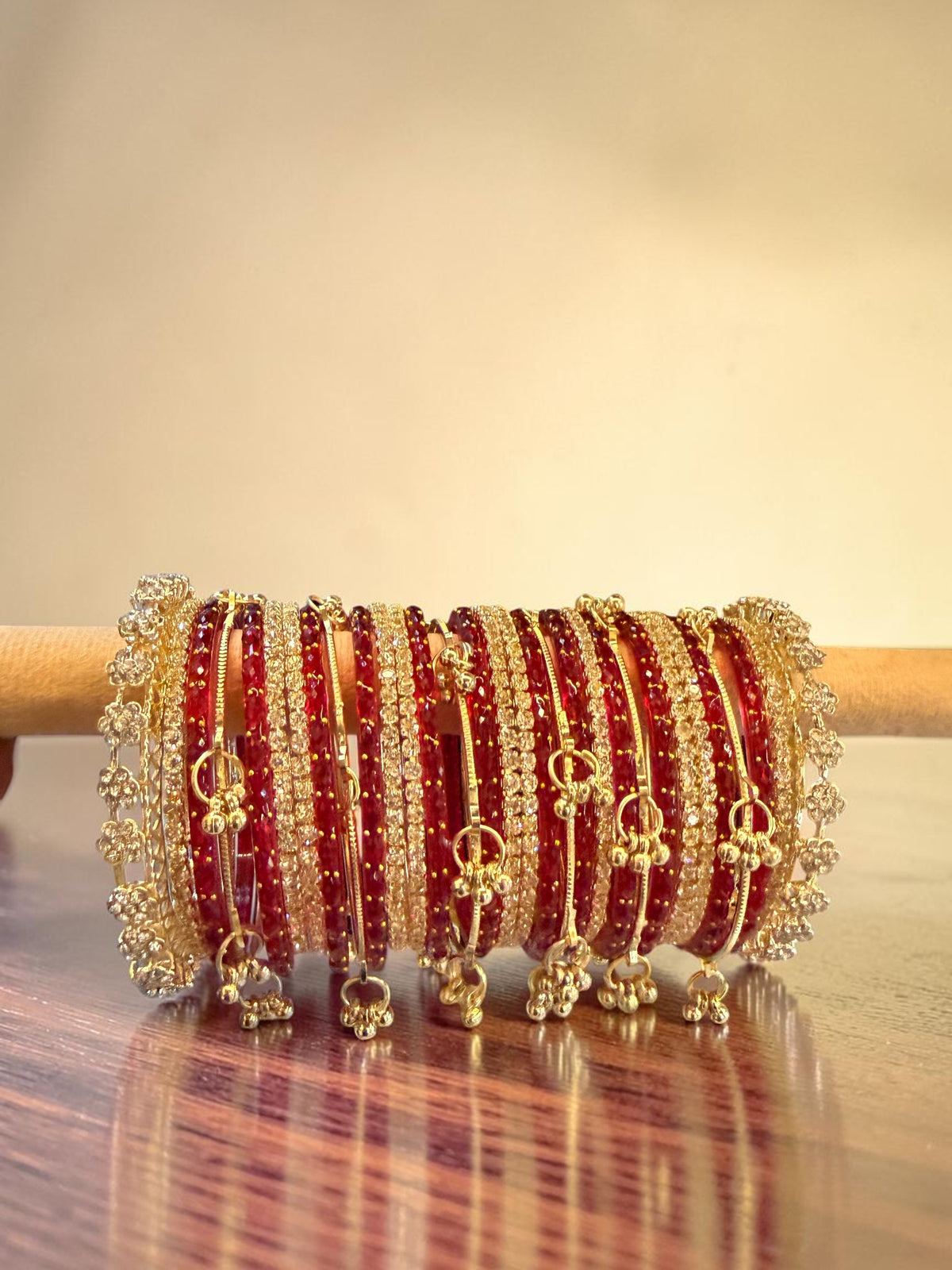 Raindrop Bangles Combo Set with 6 Golden Kashmiri Ghunghroo, 12 Golden Metal Bangles & 2 Golden Kada | Premium Indian Bridal Jewelry Set