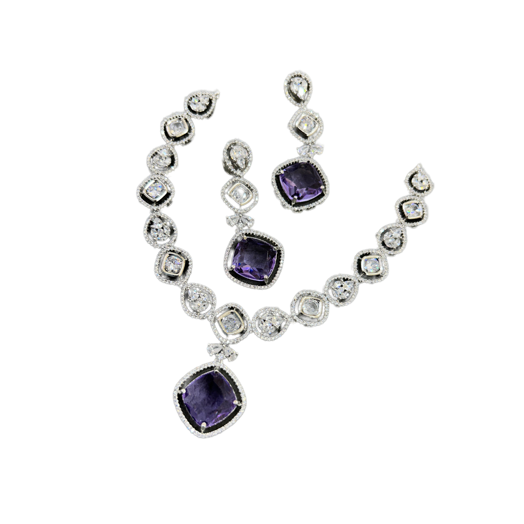 Bollywood Wedding American Diamond Silver Plated Necklace Earring Set