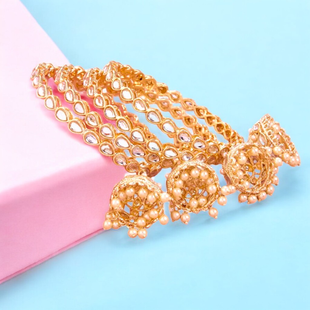 Gold Plated Pearl Beaded Latkan Bangle Set For Wedding