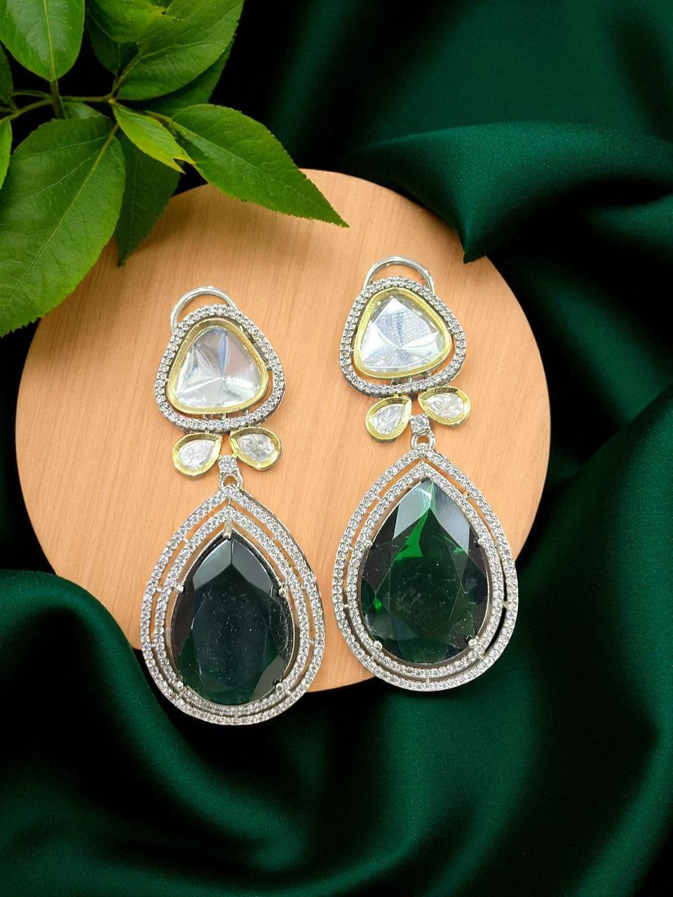 Royal Blue Teardrop Kundan Earrings – CZ Studded Statement Danglers with Gold Detailing