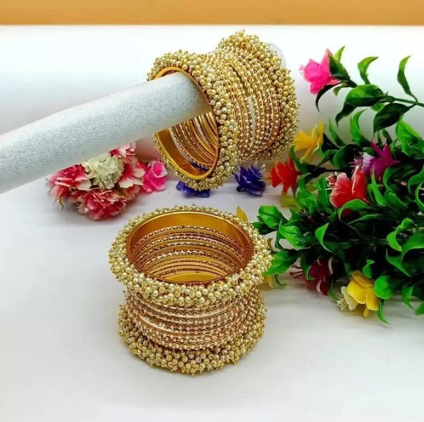 Gold plated pearl cluster bangle set, Indian bangles, Cluster bangles, Wedding bridal handmade bangles, Traditional bangles, Gift for women - Libasaa