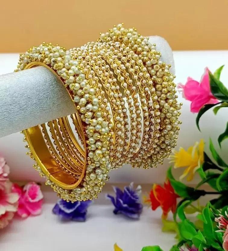 Gold plated pearl cluster bangle set, Indian bangles, Cluster bangles, Wedding bridal handmade bangles, Traditional bangles, Gift for women - Libasaa