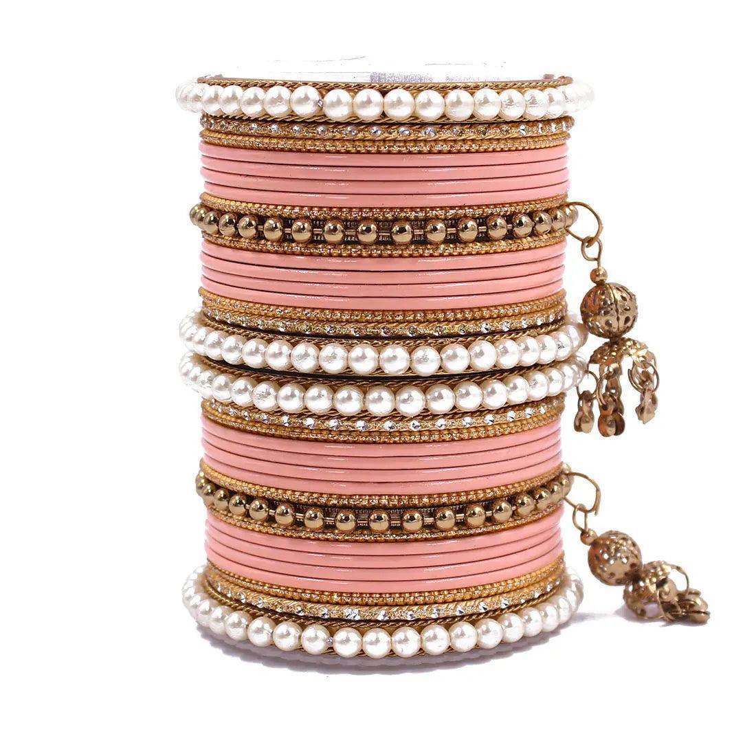 Indian bangle set , Bridal bangles, Metal bangles, Traditonal wedding jewelry, Brass Metal and Pearl Bridal Bangle Set with Jhumki - Libasaa