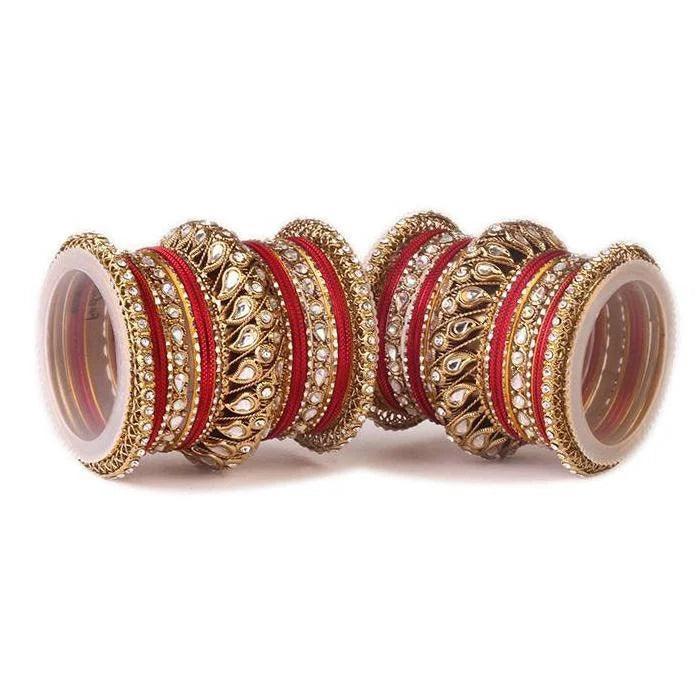Golden Wedding Bangle set, Bridal bangles set of 2 Kundan Bangles with Chakri Kada, Bollywood Jewelry Set of 46 Bangles, Indian Jewelry - Libasaa
